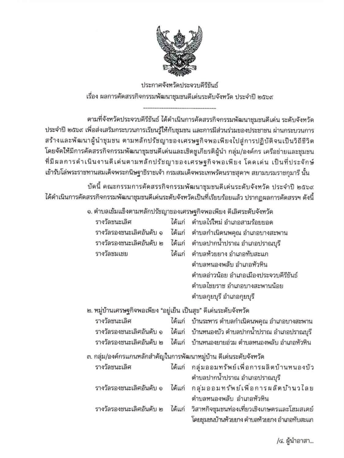 🌴🌊 พช.หัวหิน : ขอแสดงความยินดีอย่างยิ่งกับผู้ได้รับรางวัลการคัดสรรกิจกรรมพัฒนาชุมชนดีเด่น ระดับจังหวัด ประจำปี 2569 