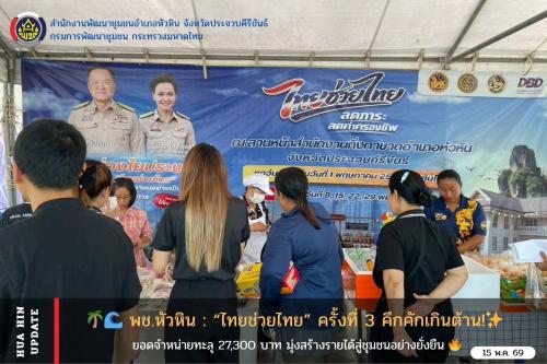 🌴🌊 พช.หัวหิน : “ไทยช่วยไทย” ครั้งที่ 3 คึกคักเกินต้าน! ยอดจำหน่ายทะลุ 27,300 บาท มุ่งสร้างรายได้สู่ชุมชนอย่างยั่งยืน 🔥